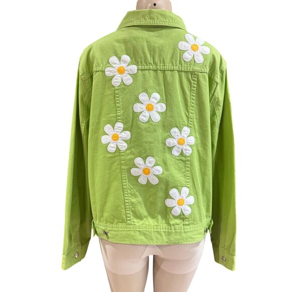 LIGHTHOUSE APPAREL Vintage Daisy Embroidered Jeans Jacket Lime Green Cottage XL - Picture 1 of 11